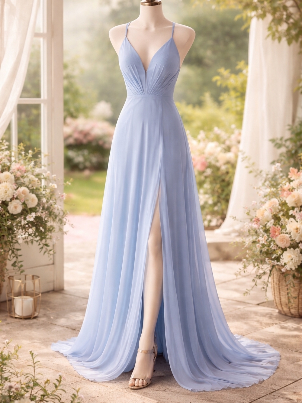 Light Blue Formal Dress Women XS Prom Wedding Guest Maxi Plunge Mesh Strappy Bac